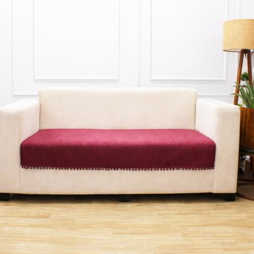 STITCHNEST 2 Seater Quilted Velvet Sofa Cover with Pom Pom | Elegant Peach Sofa Protector for Living Room | Soft, Washable | Perfect for Enhancing Living Room Interiors - Image 2