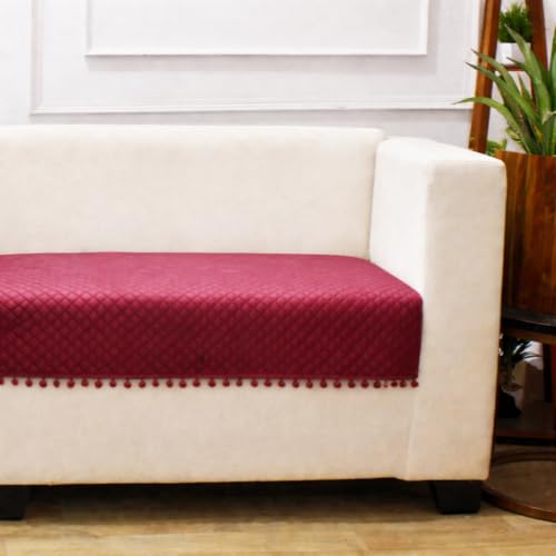 STITCHNEST 2 Seater Quilted Velvet Sofa Cover with Pom Pom | Elegant Peach Sofa Protector for Living Room | Soft, Washable | Perfect for Enhancing Living Room Interiors - Image 3