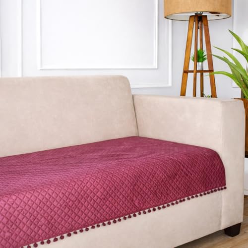 STITCHNEST 2 Seater Quilted Velvet Sofa Cover with Pom Pom | Elegant Peach Sofa Protector for Living Room | Soft, Washable | Perfect for Enhancing Living Room Interiors - Image 1