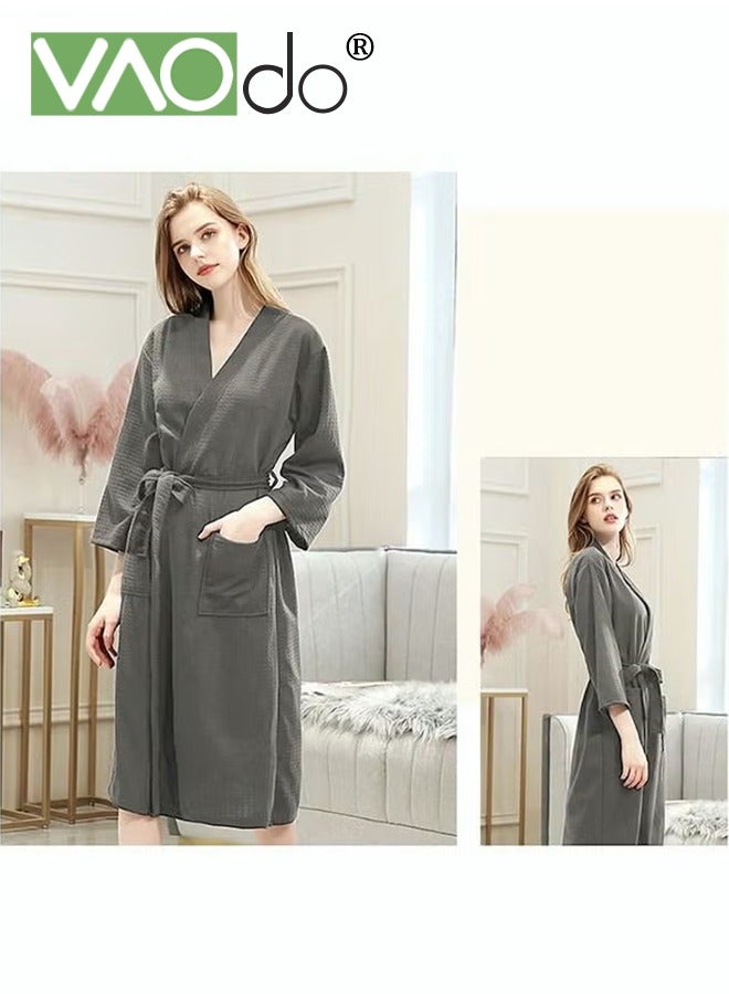 فاو دو رداء حمام نسج الوافل النسائي، رداء حمام نسج حريري ناعم حريري بجودة المنتجع الصحي مريح ومريح للتنفس بعد الاستحمام أو السباحة ومنتجع فندقي رمادي - Image 1