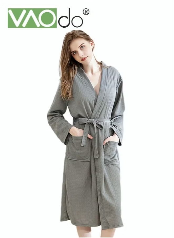 فاو دو رداء حمام نسج الوافل النسائي، رداء حمام نسج حريري ناعم حريري بجودة المنتجع الصحي مريح ومريح للتنفس بعد الاستحمام أو السباحة ومنتجع فندقي رمادي - Image 2