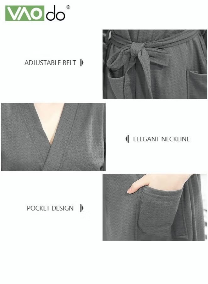 فاو دو رداء حمام نسج الوافل النسائي، رداء حمام نسج حريري ناعم حريري بجودة المنتجع الصحي مريح ومريح للتنفس بعد الاستحمام أو السباحة ومنتجع فندقي رمادي - Image 3