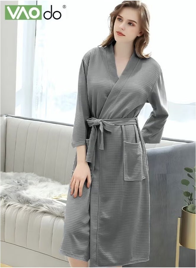 فاو دو رداء حمام نسج الوافل النسائي، رداء حمام نسج حريري ناعم حريري بجودة المنتجع الصحي مريح ومريح للتنفس بعد الاستحمام أو السباحة ومنتجع فندقي رمادي - Image 4