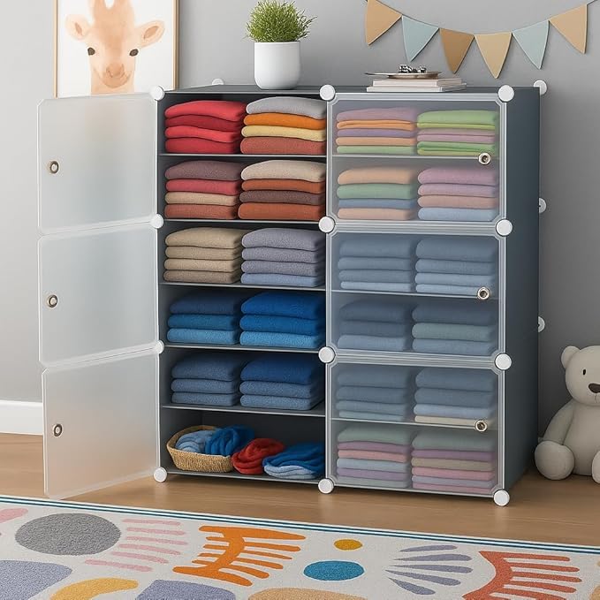 HOMIDEC Almirah for Clothes,Plastic Soft Sheet Collapsible Wardrobe for Clothes for Kids Clothes/Toy/Book, Baby Cupboard for Clothes Storage in Bedroom NurseryCartoon (Grey, 6 - Door) - Image 1