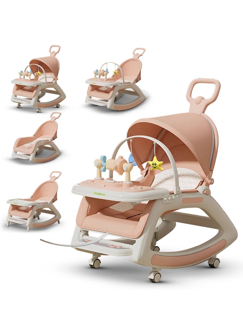 BAYBEE 5 in 1 Multifuctional Baby Rocking Chair for Kids, Baby Chair with Multi Position Recline, Canopy, Rope & Handle Booster Seat Baby Dining Chair with Music, Wheels & Food Tray Baby Rocker for Kids Boys Girls Pink - Image 1