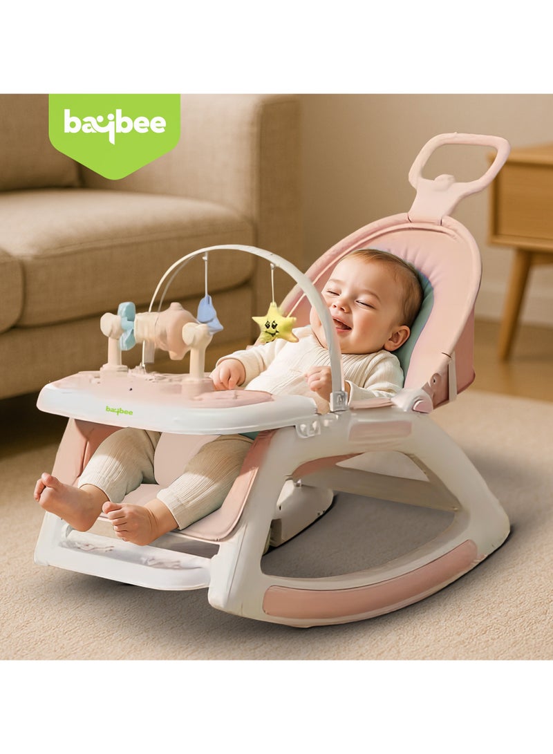 BAYBEE 5 in 1 Multifuctional Baby Rocking Chair for Kids, Baby Chair with Multi Position Recline, Canopy, Rope & Handle Booster Seat Baby Dining Chair with Music, Wheels & Food Tray Baby Rocker for Kids Boys Girls Pink - Image 3
