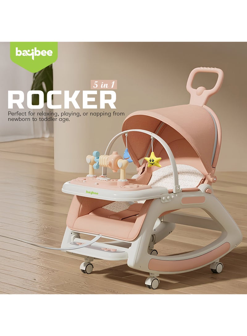 BAYBEE 5 in 1 Multifuctional Baby Rocking Chair for Kids, Baby Chair with Multi Position Recline, Canopy, Rope & Handle Booster Seat Baby Dining Chair with Music, Wheels & Food Tray Baby Rocker for Kids Boys Girls Pink - Image 2