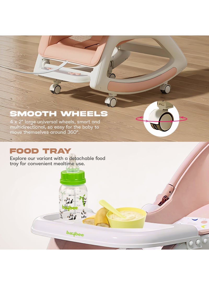 BAYBEE 5 in 1 Multifuctional Baby Rocking Chair for Kids, Baby Chair with Multi Position Recline, Canopy, Rope & Handle Booster Seat Baby Dining Chair with Music, Wheels & Food Tray Baby Rocker for Kids Boys Girls Pink - Image 5