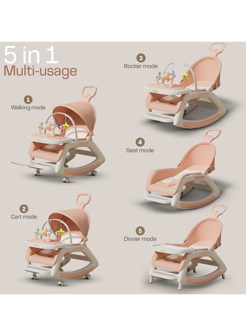 BAYBEE 5 in 1 Multifuctional Baby Rocking Chair for Kids, Baby Chair with Multi Position Recline, Canopy, Rope & Handle Booster Seat Baby Dining Chair with Music, Wheels & Food Tray Baby Rocker for Kids Boys Girls Pink - Image 4