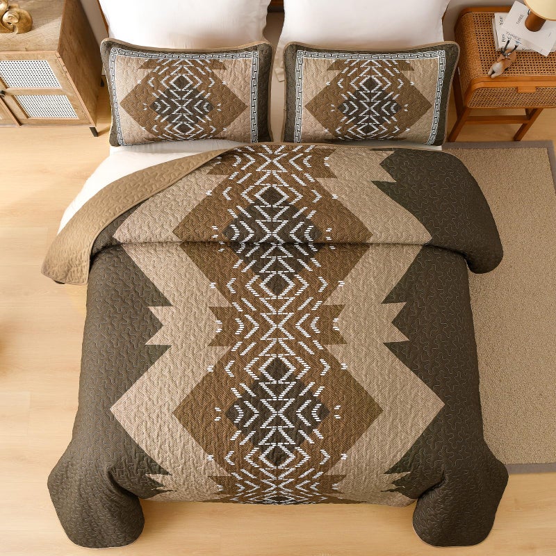 Dintszyayue Brown Quilt Set Queen Size,3 Piece Boho Aztec Texture Bedspread Coverlet Set Reversible Lightweight Bedding Set Geometric Bohemian Bed Cover with 2 Pillowcases(Dark Brown,90"x96") - Image 3
