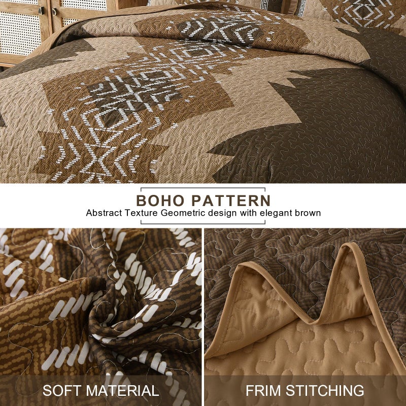 Dintszyayue Brown Quilt Set Queen Size,3 Piece Boho Aztec Texture Bedspread Coverlet Set Reversible Lightweight Bedding Set Geometric Bohemian Bed Cover with 2 Pillowcases(Dark Brown,90"x96") - Image 4