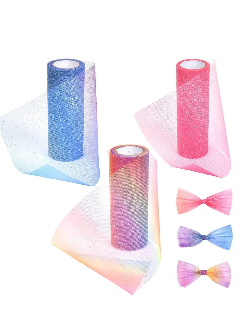 3 Pcs Rainbow Glitter Tulle Ribbon Rolls - 6" x 30 Yards in Rainbow, Pink, and Blue for Desk Chair Decor, Hair Accessories, Gift Wrapping, and Holiday Crafts for Kids. - Image 1
