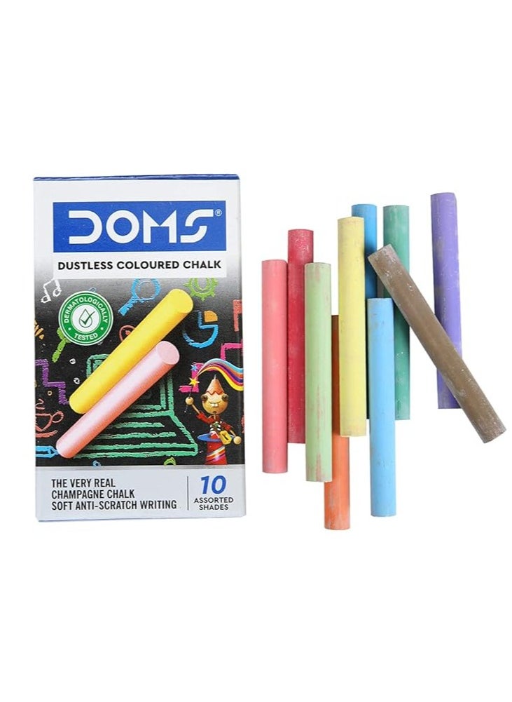 DOMS - Dustless Coloured Chalk Box Pack | Extra Bright, Smooth & Long Lasting | Soft & Anti-Scratch Writing | Non-Toxic & Safe To Use | Set of 10 Different Color Chalk | Pack of 1 - Image 1