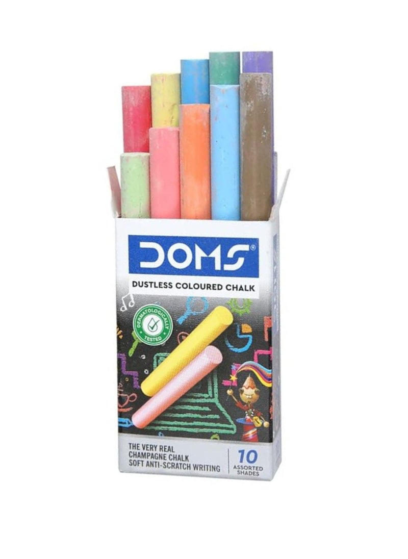 DOMS - Dustless Coloured Chalk Box Pack | Extra Bright, Smooth & Long Lasting | Soft & Anti-Scratch Writing | Non-Toxic & Safe To Use | Set of 10 Different Color Chalk | Pack of 1 - Image 1