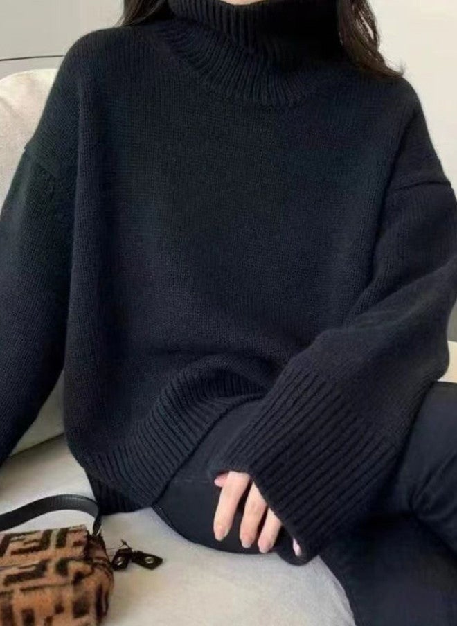 YUNIQEE Black Oversized Turtleneck Knit Sweater for Women - Image 2