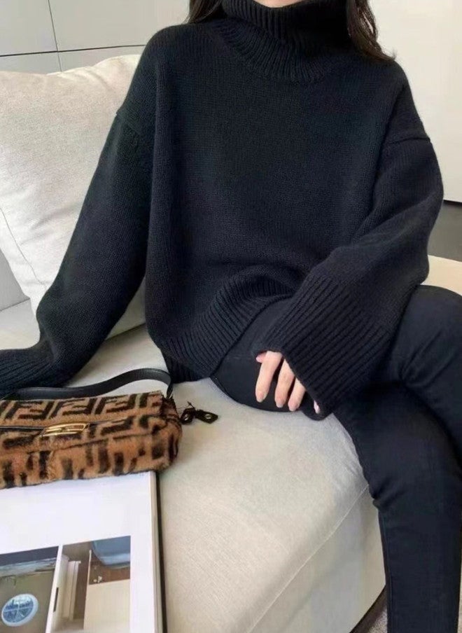 YUNIQEE Black Oversized Turtleneck Knit Sweater for Women - Image 1