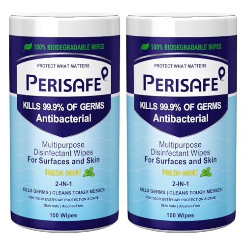 PERISAFE Multipurpose Disinfectant Wipes For Surfaces & Skin-100x2=200 Wipes | 100% Biodegradable | Antibacterial | 2-IN-1- Kills Germs & Cleans Tough Messes | Fresh Mint - Image 1