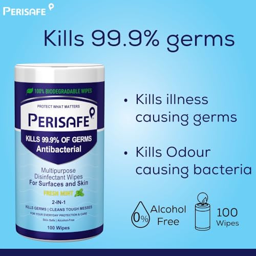 PERISAFE Multipurpose Disinfectant Wipes For Surfaces & Skin-100x2=200 Wipes | 100% Biodegradable | Antibacterial | 2-IN-1- Kills Germs & Cleans Tough Messes | Fresh Mint - Image 3