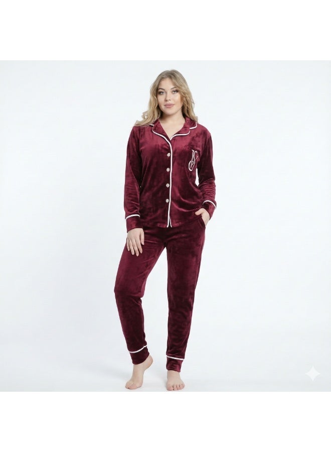 Women's velvet button-up pajamas, burgundy color, two-piece set with white trim, luxurious sleepwear suitable for weight up to 80 kg