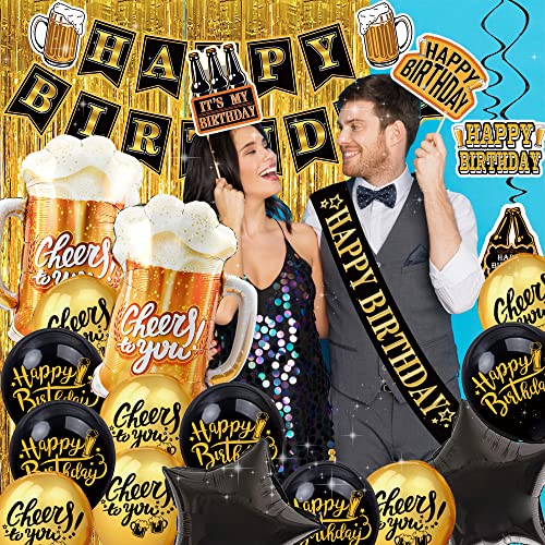 jenlion Black and Gold Party Decorations for Men and Women: Happy Birthday Banner, Fringe Curtains, "Cheers to You" Foil Balloons, Hanging Swirls, Photo Props, Birthday Sash - Image 3