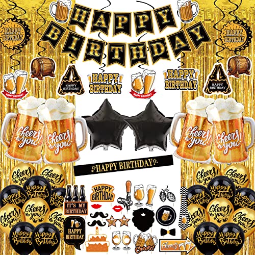 jenlion Black and Gold Party Decorations for Men and Women: Happy Birthday Banner, Fringe Curtains, "Cheers to You" Foil Balloons, Hanging Swirls, Photo Props, Birthday Sash - Image 1