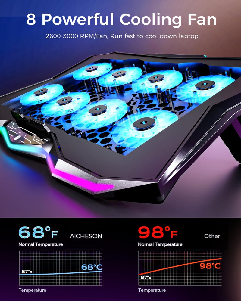 AICHESON Gaming Laptop Cooling Pad with 8 Fans, RGB Computer Stand for 15.6-17.3 Inch Notebook with 7 Height Slots, 2 USB Ports, AA3 - Image 2