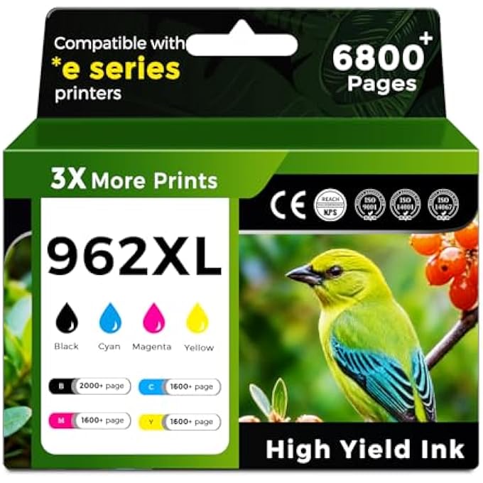 962XL INK CARTRIDGES COMBO PACK REPLACEMENT FOR HP INK 962XL BLACK AND 962 COLOR HP962 XL HP962XL FOR OFFICEJET PRO 9015E 9015 9010E 9010 9018 9018E 9020 9025E 9025 PRINTER (BK/C/M/Y,4 PACK) - Image 1