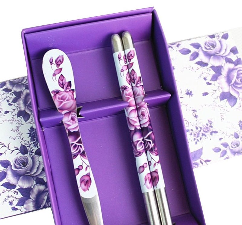 HugeStore Chinese Purple Rose Stainless Steel Chopsticks and Spoon Set - Image 3