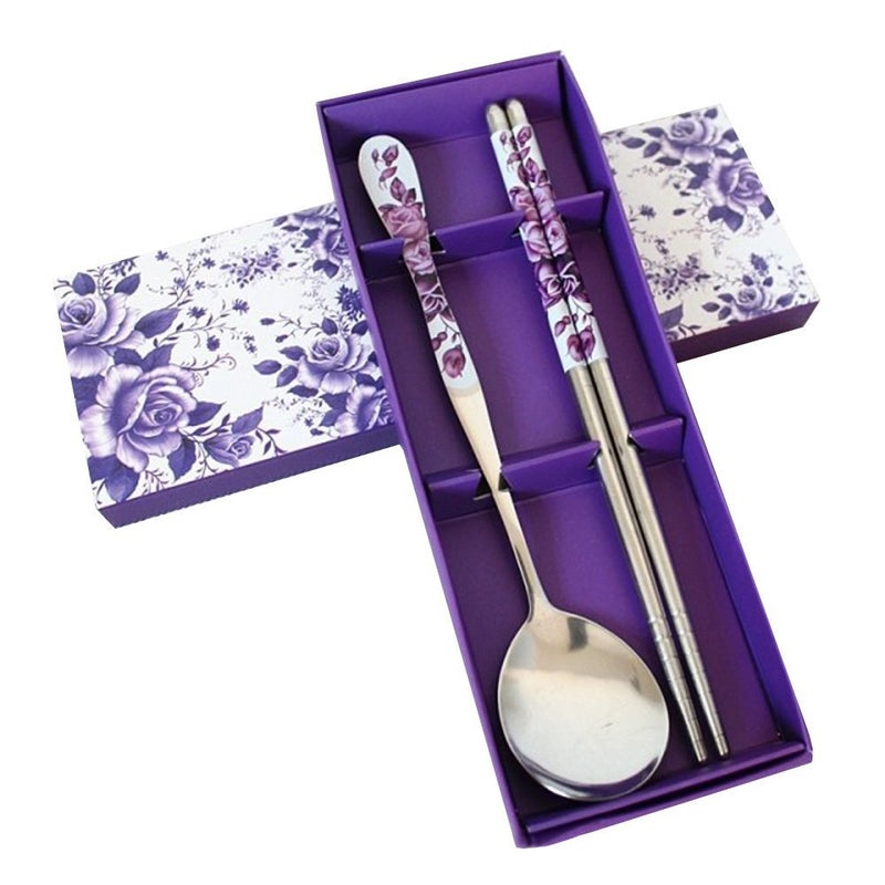 HugeStore Chinese Purple Rose Stainless Steel Chopsticks and Spoon Set - Image 5