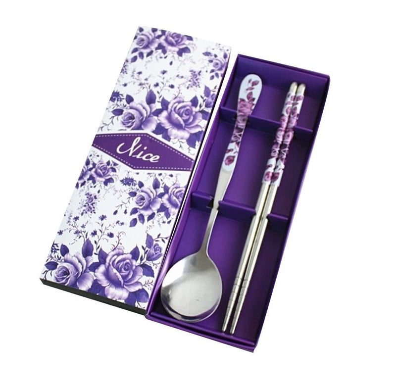 HugeStore Chinese Purple Rose Stainless Steel Chopsticks and Spoon Set - Image 2
