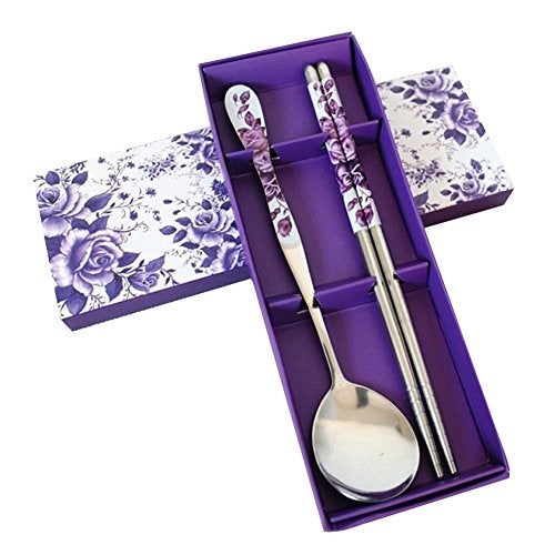 HugeStore Chinese Purple Rose Stainless Steel Chopsticks and Spoon Set - Image 1
