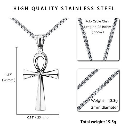 Reve Stainless Steel Coptic Ankh Cross Religious Pendant Necklace for Men Women, 20-24 Inches Chain (Silver Tone: 22'' Rolo Chain) - Image 4