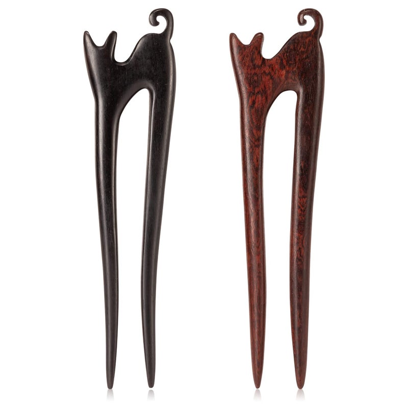 Noverlife 2PCS Wooden Hair Sticks French Twist Hair Pin, Handmade Ebony Sandalwood Hair Forks Hair Sticks for Buns, Vintage Chinese Hair Pins Hair Chopsticks for Long Thick Hair Women Chignon Bun Updo Hairstyle - Image 1