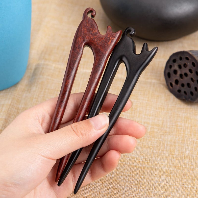 Noverlife 2PCS Wooden Hair Sticks French Twist Hair Pin, Handmade Ebony Sandalwood Hair Forks Hair Sticks for Buns, Vintage Chinese Hair Pins Hair Chopsticks for Long Thick Hair Women Chignon Bun Updo Hairstyle - Image 3