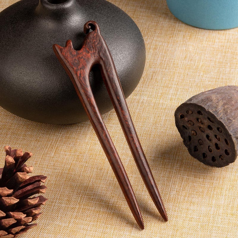 Noverlife 2PCS Wooden Hair Sticks French Twist Hair Pin, Handmade Ebony Sandalwood Hair Forks Hair Sticks for Buns, Vintage Chinese Hair Pins Hair Chopsticks for Long Thick Hair Women Chignon Bun Updo Hairstyle - Image 4