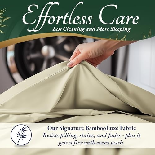 DECOLURE 100% Viscose Derived from Bamboo Sheets Queen Size 6pcs - Ultra Soft & Luxuriously Cooling, 17" Deep Pocket, Double Stitching, Perfect for Hot Sleepers - Queen Bed Sheets (Creme) - Image 5