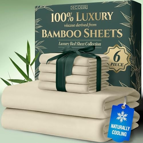 DECOLURE 100% Viscose Derived from Bamboo Sheets Queen Size 6pcs - Ultra Soft & Luxuriously Cooling, 17" Deep Pocket, Double Stitching, Perfect for Hot Sleepers - Queen Bed Sheets (Creme) - Image 1