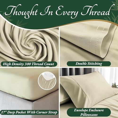 DECOLURE 100% Viscose Derived from Bamboo Sheets Queen Size 6pcs - Ultra Soft & Luxuriously Cooling, 17" Deep Pocket, Double Stitching, Perfect for Hot Sleepers - Queen Bed Sheets (Creme) - Image 3
