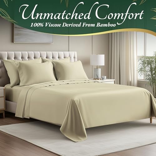 DECOLURE 100% Viscose Derived from Bamboo Sheets Queen Size 6pcs - Ultra Soft & Luxuriously Cooling, 17" Deep Pocket, Double Stitching, Perfect for Hot Sleepers - Queen Bed Sheets (Creme) - Image 2