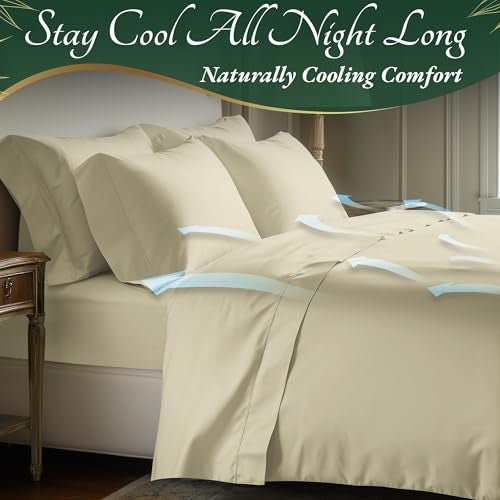 DECOLURE 100% Viscose Derived from Bamboo Sheets Queen Size 6pcs - Ultra Soft & Luxuriously Cooling, 17" Deep Pocket, Double Stitching, Perfect for Hot Sleepers - Queen Bed Sheets (Creme) - Image 4