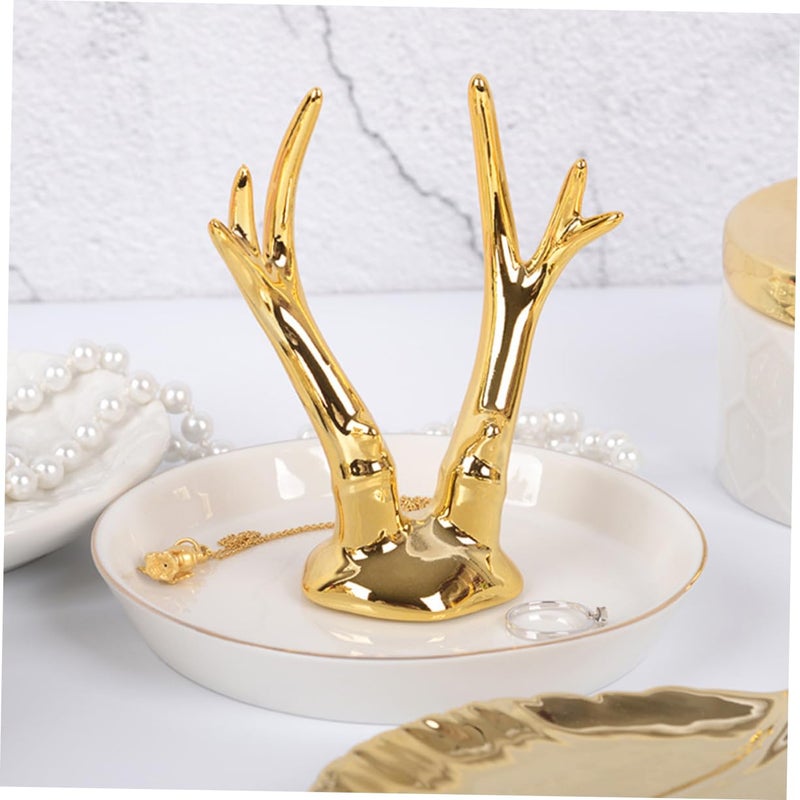 Golden Ceramic Jewelry Display Stand Organizer with Ring Holder and Tray for Earrings Bracelets - Image 4
