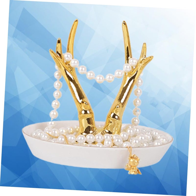 Golden Ceramic Jewelry Display Stand Organizer with Ring Holder and Tray for Earrings Bracelets - Image 3