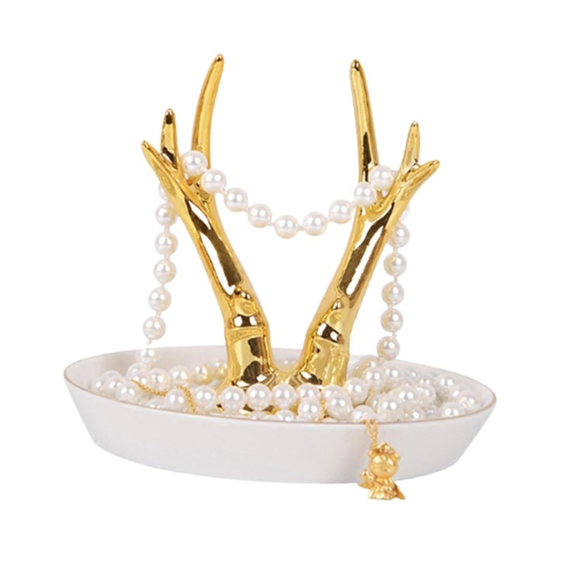 Golden Ceramic Jewelry Display Stand Organizer with Ring Holder and Tray for Earrings Bracelets - Image 1