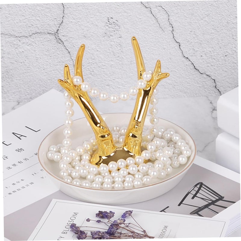 Golden Ceramic Jewelry Display Stand Organizer with Ring Holder and Tray for Earrings Bracelets - Image 2