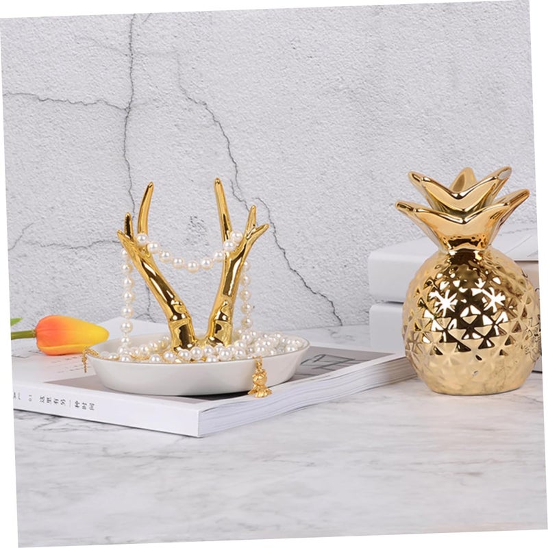 Golden Ceramic Jewelry Display Stand Organizer with Ring Holder and Tray for Earrings Bracelets - Image 5