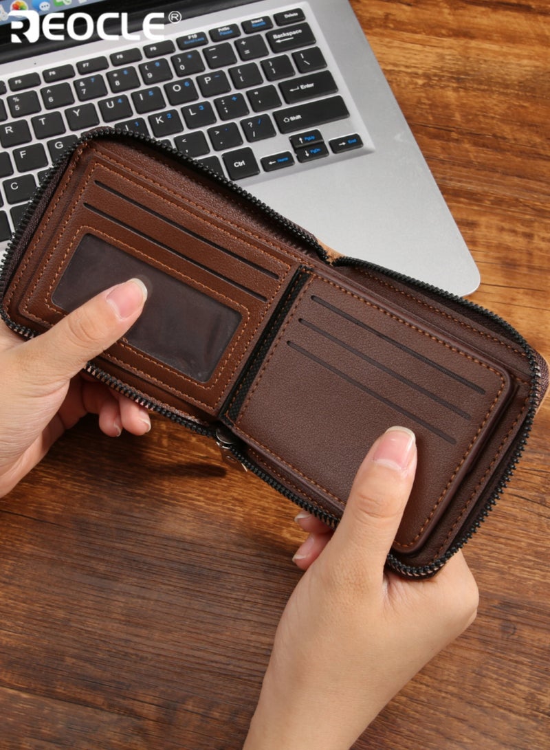 ريوكل محفظة جلدية صناعية بأسلوب عتيق للرجال مع فتحات بطاقات متعددة بسحاب وحامل هوية تصميم متعدد الوظائف للاستخدام اليومي والسفر - Image 5