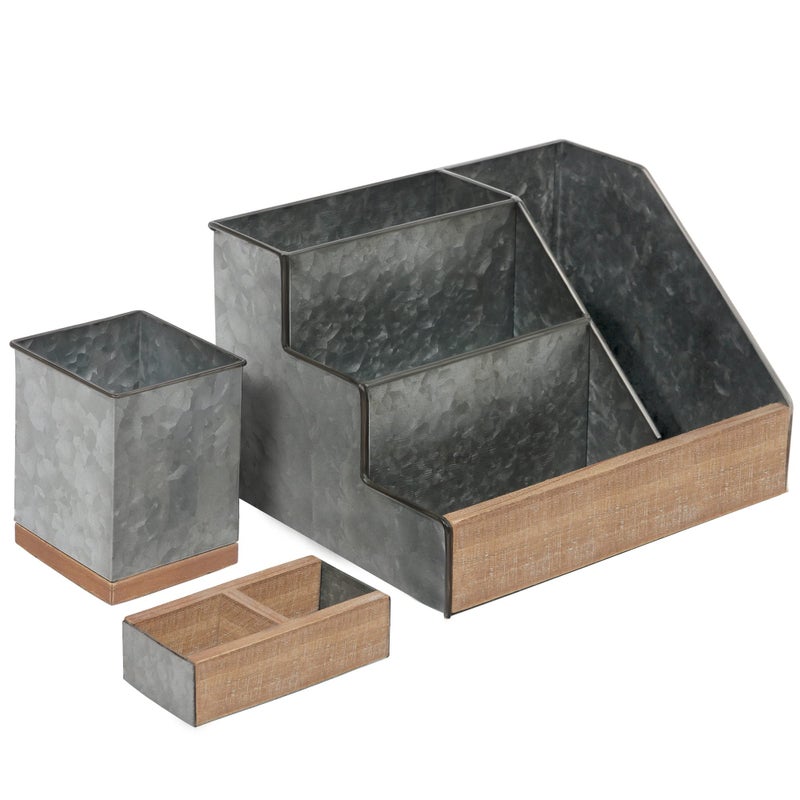 HBCY Creations 3 Piece Galvanized Metal Desk Organizer Set Rustic Mail Organizer For Desktop Great For Industrial Home Decor Makeup Organizer For Vanity