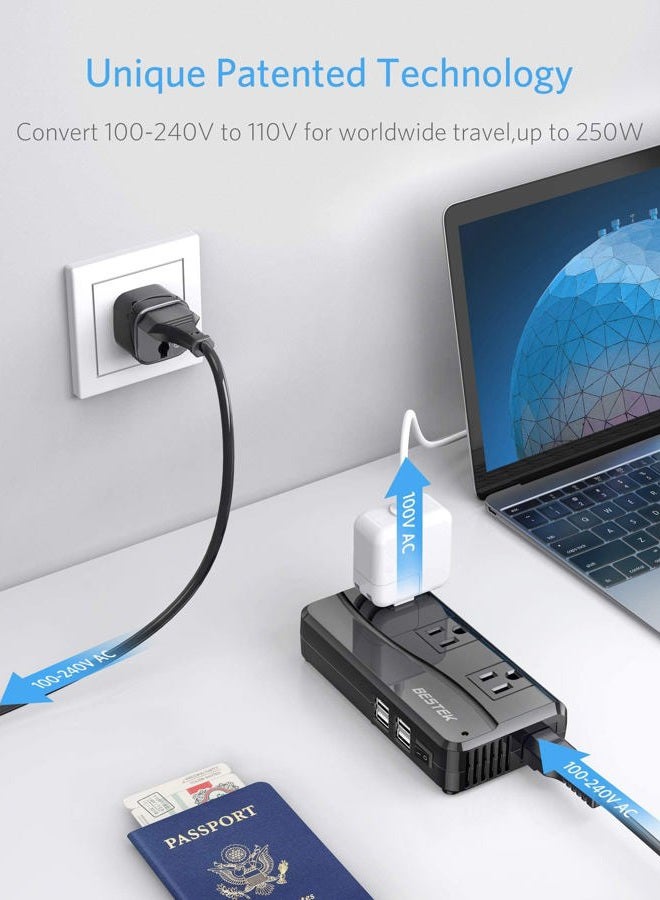 BESTEK محول طاقة 250 واط 3 مخرج و 4 منفذ USB محول جهد السفر 220 فولت إلى 110 فولت مع محولات قابس السفر من نوع G/D/M/AU/US - Image 3