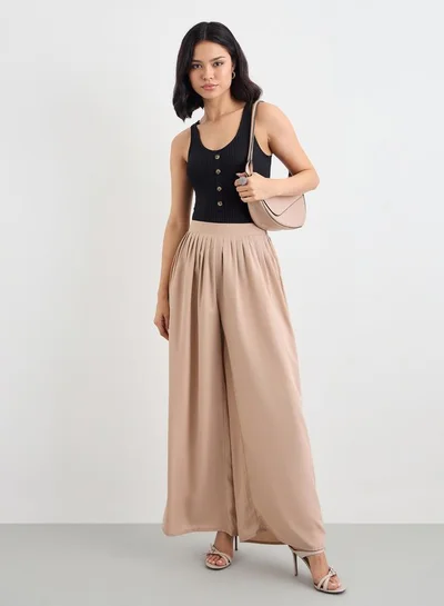Styli Flowy Wide Leg Pants with Half Elastic Waistband