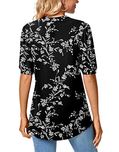 Anyally Womens Summer V-Neck T-Shirts Puff Short Sleeve Tops Plus Size Cute Work Blouses, 2XL Carved White + Black - Image 4